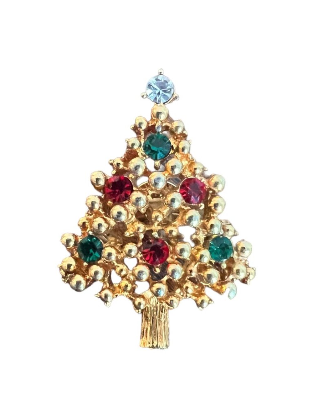 Vintage Christmas Tree Brooch Gold-Tone With Red & Green Rhinestones 1.5 Inches